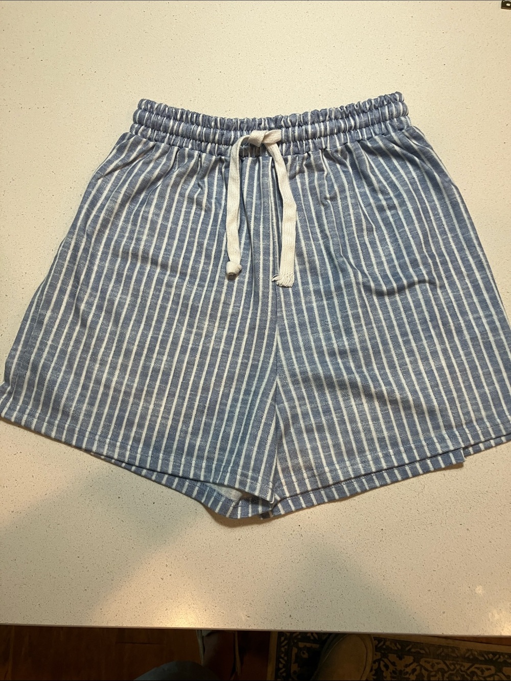 Blue and White Striped High-Waist Drawstring Shorts